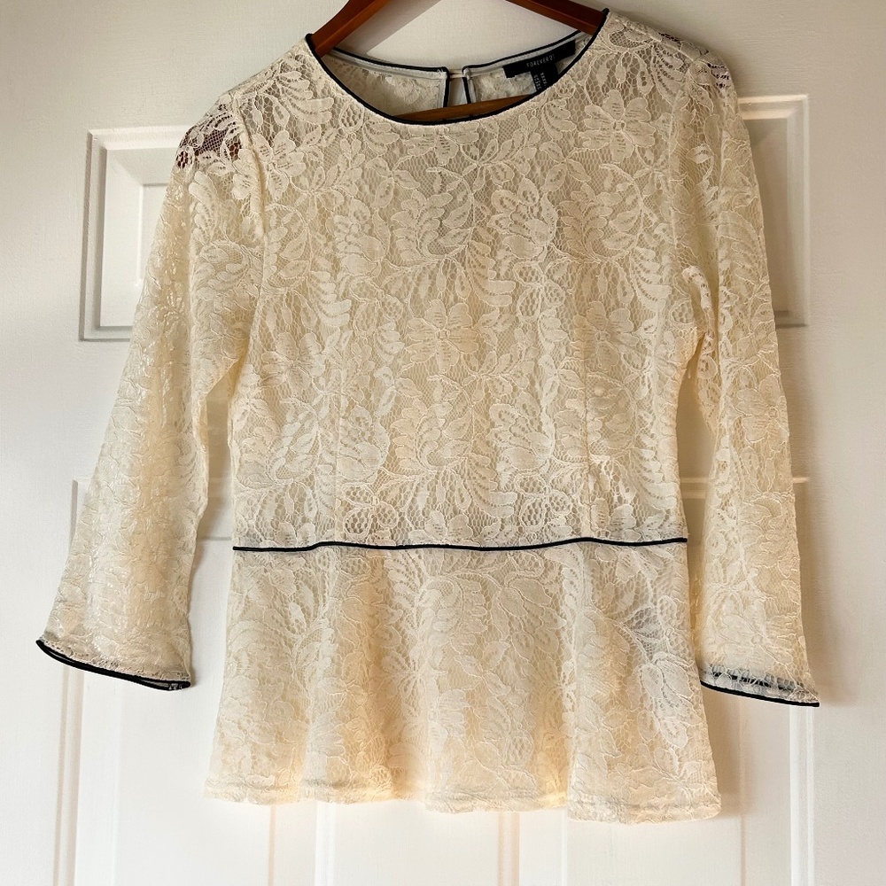 Forever 21 Cream Lace Overlay Peplum Top *Size M